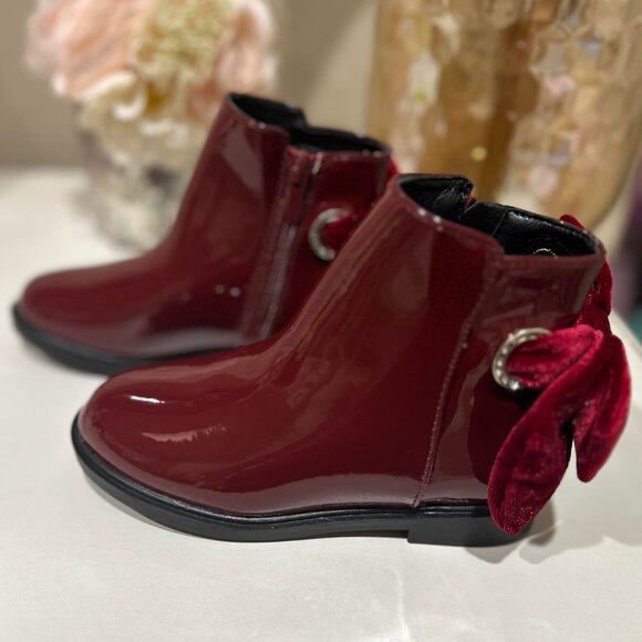 🆕Girls Wine Red Faux Leather Ankle Bow Chunky Low Heel Side Zipper Dress Boot - Picture 1 of 8
